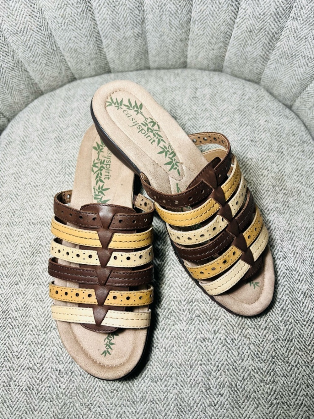 Easy Spirit Brown, Yellow & Cream Multi-Strip Slide Sandals